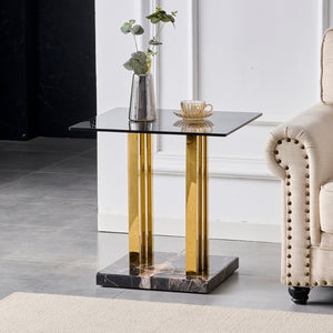 English Elm 21.65 Inch Glam Square Side Table Gray Tempered Glass Gold Steel Legs Marble Base W3357P515836