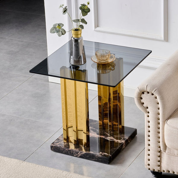 English Elm 21.65 Inch Glam Square Side Table Gray Tempered Glass Gold Steel Legs Marble Base W3357P515836
