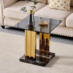 English Elm 21.65 Inch Glam Square Side Table Gray Tempered Glass Gold Steel Legs Marble Base W3357P515836