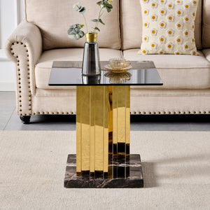 English Elm 21.65 Inch Glam Square Side Table Gray Tempered Glass Gold Steel Legs Marble Base W3357P515836