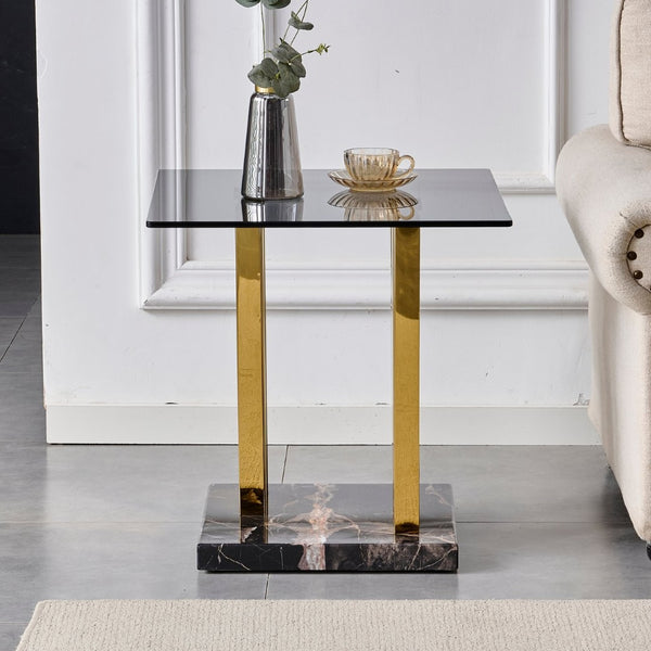 English Elm 21.65 Inch Glam Square Side Table Gray Tempered Glass Gold Steel Legs Marble Base W3357P515836
