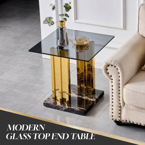 English Elm 21.65 Inch Glam Square Side Table Gray Tempered Glass Gold Steel Legs Marble Base W3357P515836