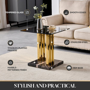 English Elm 21.65 Inch Glam Square Side Table Gray Tempered Glass Gold Steel Legs Marble Base W3357P515836