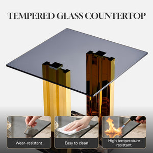 English Elm 21.65 Inch Glam Square Side Table Gray Tempered Glass Gold Steel Legs Marble Base W3357P515836