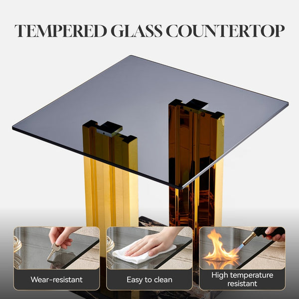 English Elm 21.65 Inch Glam Square Side Table Gray Tempered Glass Gold Steel Legs Marble Base W3357P515836