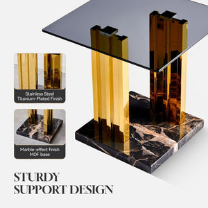 English Elm 21.65 Inch Glam Square Side Table Gray Tempered Glass Gold Steel Legs Marble Base W3357P515836