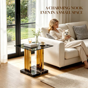English Elm 21.65 Inch Glam Square Side Table Gray Tempered Glass Gold Steel Legs Marble Base W3357P515836