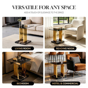 English Elm 21.65 Inch Glam Square Side Table Gray Tempered Glass Gold Steel Legs Marble Base W3357P515836