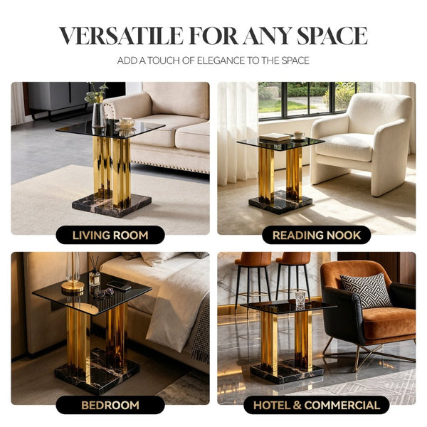 English Elm 21.65 Inch Glam Square Side Table Gray Tempered Glass Gold Steel Legs Marble Base W3357P515836