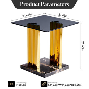 English Elm 21.65 Inch Glam Square Side Table Gray Tempered Glass Gold Steel Legs Marble Base W3357P515836
