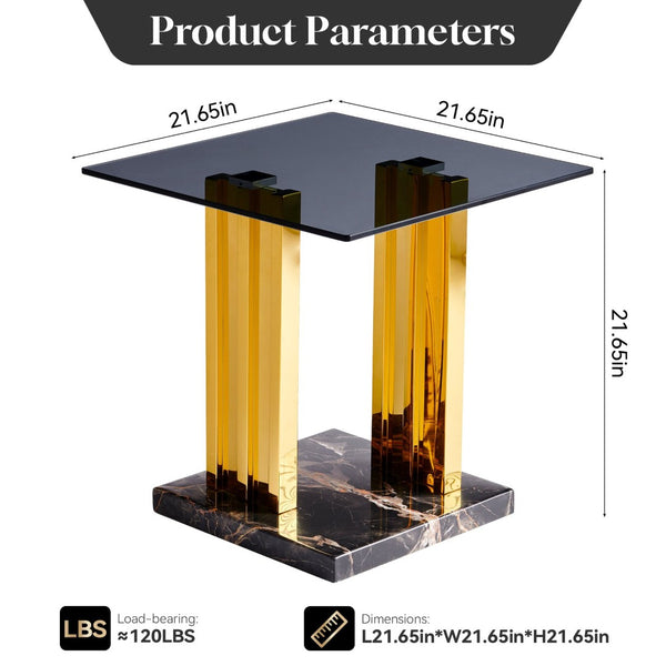 English Elm 21.65 Inch Glam Square Side Table Gray Tempered Glass Gold Steel Legs Marble Base W3357P515836
