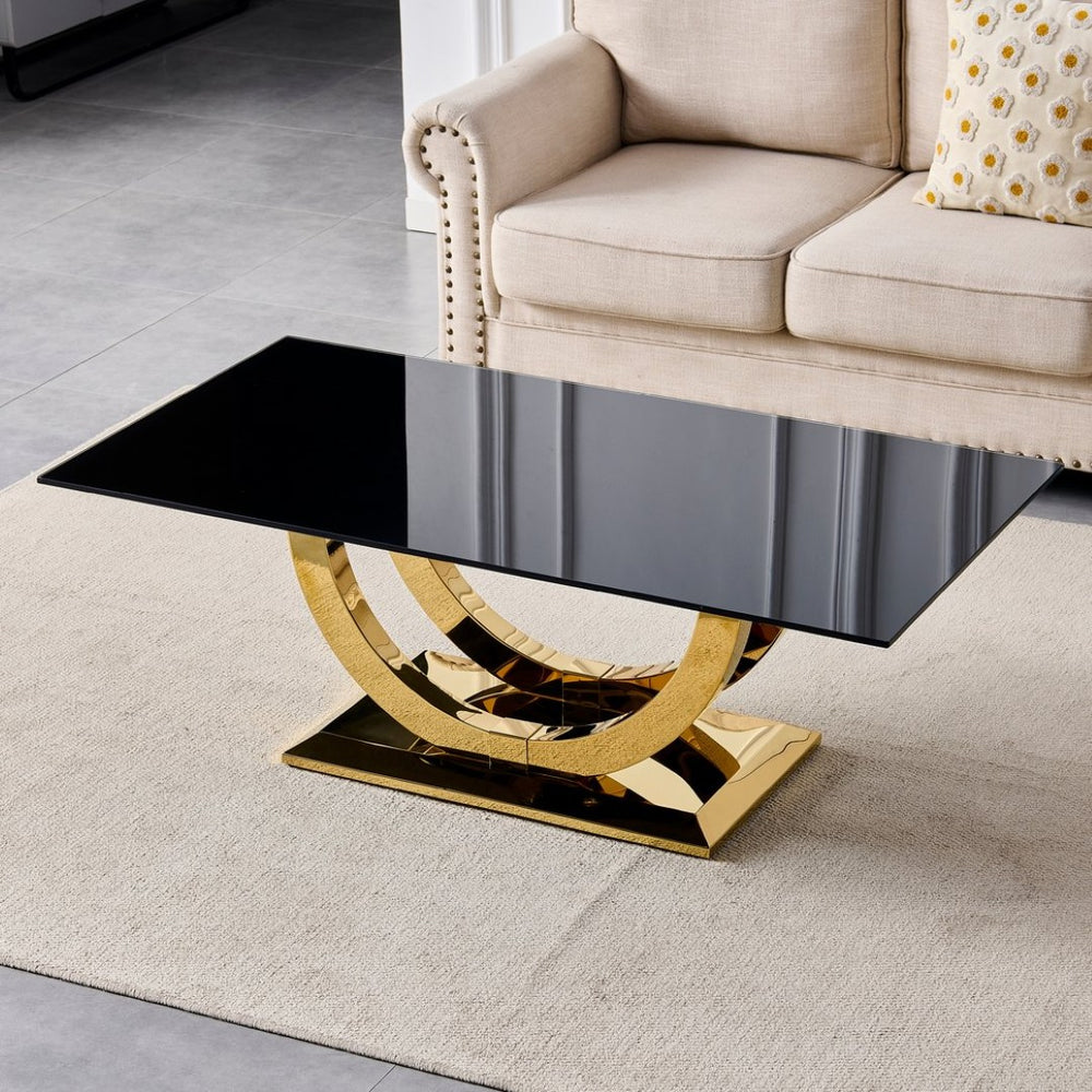 English Elm 50.40 Inch Glam Rectangular Coffee Table Tempered Glass Top Gold Arc Steel Base W3357P515856