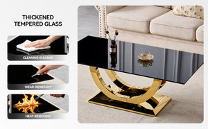 English Elm 50.40 Inch Glam Rectangular Coffee Table Tempered Glass Top Gold Arc Steel Base W3357P515856