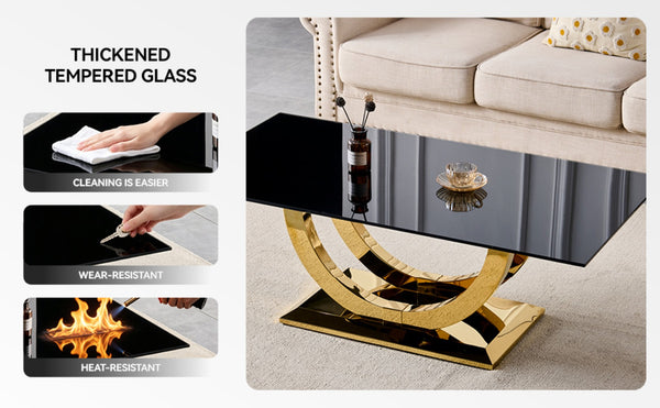 English Elm 50.40 Inch Glam Rectangular Coffee Table Tempered Glass Top Gold Arc Steel Base W3357P515856
