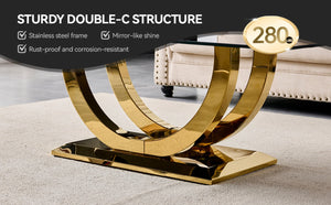 English Elm 50.40 Inch Glam Rectangular Coffee Table Tempered Glass Top Gold Arc Steel Base W3357P515856