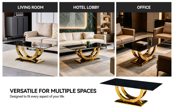 English Elm 50.40 Inch Glam Rectangular Coffee Table Tempered Glass Top Gold Arc Steel Base W3357P515856