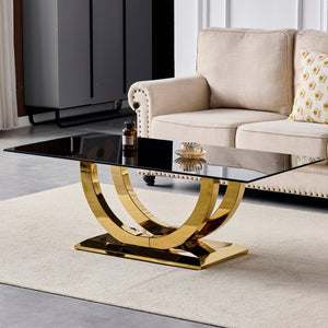 English Elm 50.40 Inch Glam Rectangular Coffee Table Tempered Glass Top Gold Arc Steel Base W3357P515856