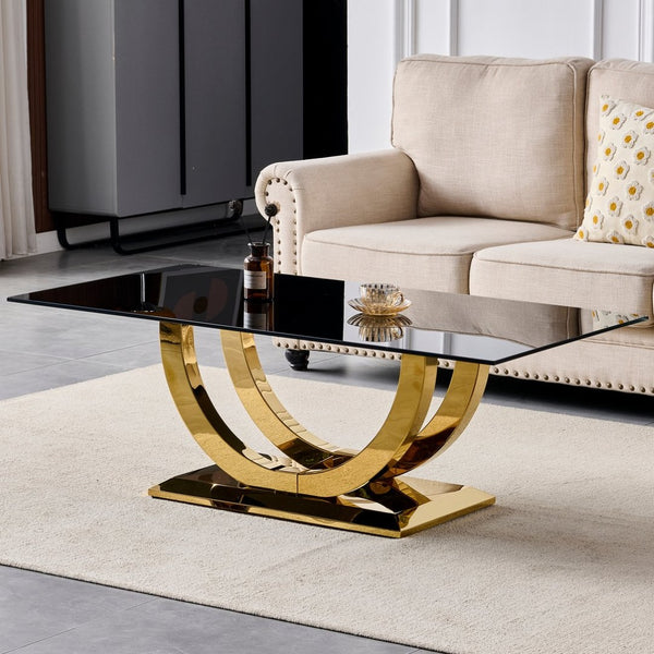 English Elm 50.40 Inch Glam Rectangular Coffee Table Tempered Glass Top Gold Arc Steel Base W3357P515856