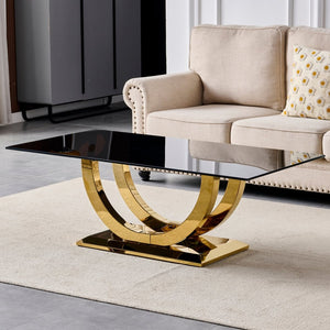English Elm 50.40 Inch Glam Rectangular Coffee Table Tempered Glass Top Gold Arc Steel Base W3357P515856