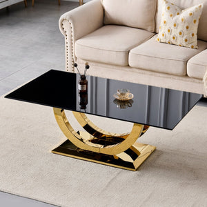 English Elm 50.40 Inch Glam Rectangular Coffee Table Tempered Glass Top Gold Arc Steel Base W3357P515856