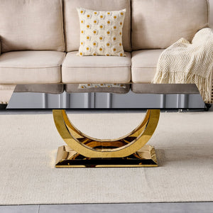 English Elm 50.40 Inch Glam Rectangular Coffee Table Tempered Glass Top Gold Arc Steel Base W3357P515856