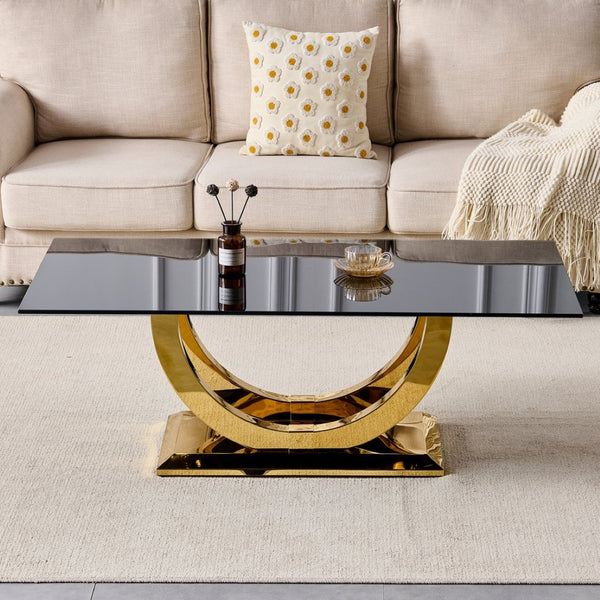 English Elm 50.40 Inch Glam Rectangular Coffee Table Tempered Glass Top Gold Arc Steel Base W3357P515856