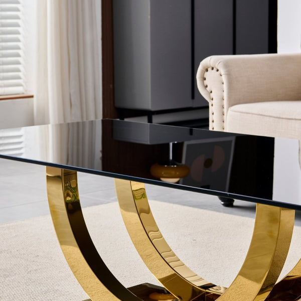 English Elm 50.40 Inch Glam Rectangular Coffee Table Tempered Glass Top Gold Arc Steel Base W3357P515856