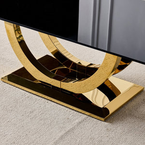 English Elm 50.40 Inch Glam Rectangular Coffee Table Tempered Glass Top Gold Arc Steel Base W3357P515856