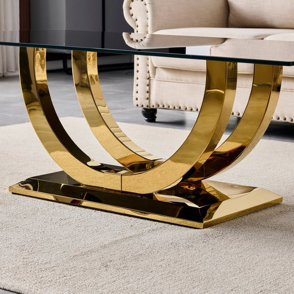 English Elm 50.40 Inch Glam Rectangular Coffee Table Tempered Glass Top Gold Arc Steel Base W3357P515856