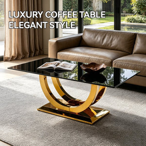 English Elm 50.40 Inch Glam Rectangular Coffee Table Tempered Glass Top Gold Arc Steel Base W3357P515856