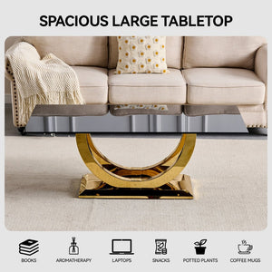 English Elm 50.40 Inch Glam Rectangular Coffee Table Tempered Glass Top Gold Arc Steel Base W3357P515856