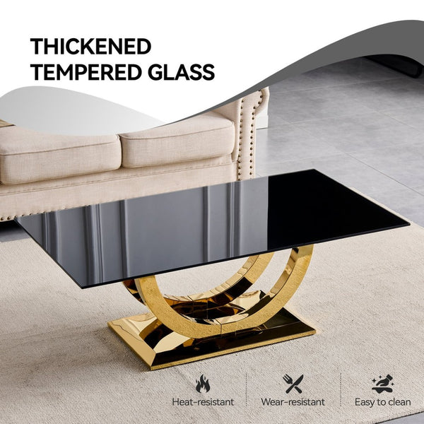 English Elm 50.40 Inch Glam Rectangular Coffee Table Tempered Glass Top Gold Arc Steel Base W3357P515856