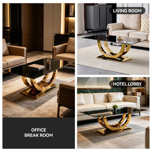 English Elm 50.40 Inch Glam Rectangular Coffee Table Tempered Glass Top Gold Arc Steel Base W3357P515856