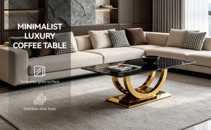 English Elm 50.40 Inch Glam Rectangular Coffee Table Tempered Glass Top Gold Arc Steel Base W3357P515856