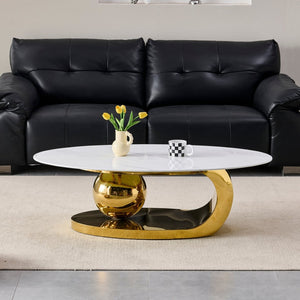 English Elm 51.20 Oval Faux Marble Top Coffee Table with Polished Stainless Steel Base for Living Room Gold+White W3357S00004