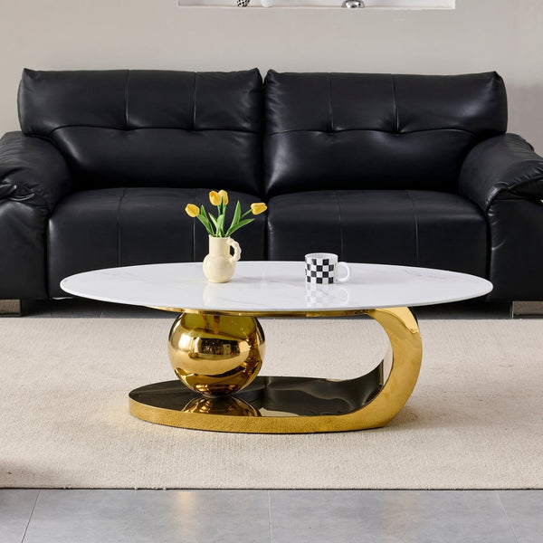 English Elm 51.20 Oval Faux Marble Top Coffee Table with Polished Stainless Steel Base for Living Room Gold+White W3357S00004