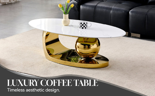 English Elm 51.20 Oval Faux Marble Top Coffee Table with Polished Stainless Steel Base for Living Room Gold+White W3357S00004