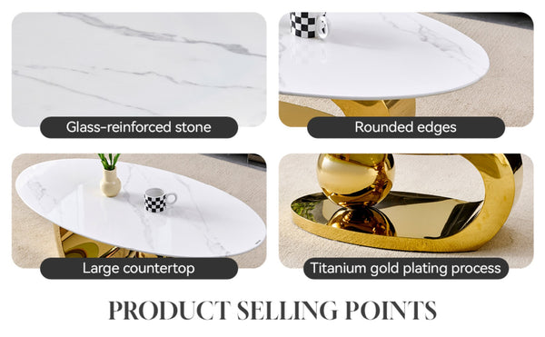 English Elm 51.20 Oval Faux Marble Top Coffee Table with Polished Stainless Steel Base for Living Room Gold+White W3357S00004