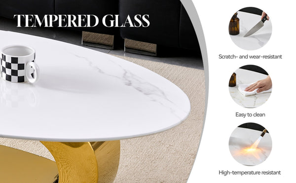 English Elm 51.20 Oval Faux Marble Top Coffee Table with Polished Stainless Steel Base for Living Room Gold+White W3357S00004