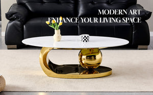 English Elm 51.20 Oval Faux Marble Top Coffee Table with Polished Stainless Steel Base for Living Room Gold+White W3357S00004