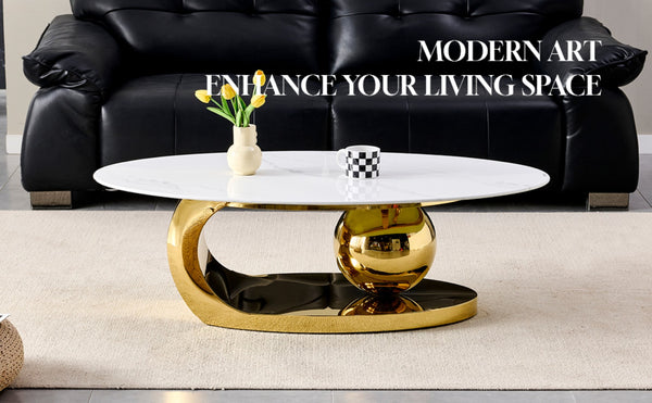 English Elm 51.20 Oval Faux Marble Top Coffee Table with Polished Stainless Steel Base for Living Room Gold+White W3357S00004