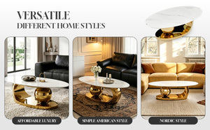 English Elm 51.20 Oval Faux Marble Top Coffee Table with Polished Stainless Steel Base for Living Room Gold+White W3357S00004