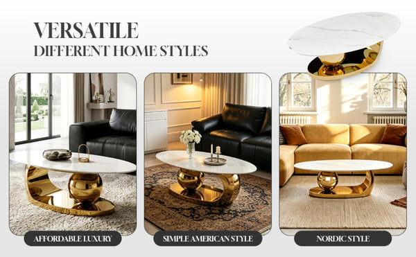 English Elm 51.20 Oval Faux Marble Top Coffee Table with Polished Stainless Steel Base for Living Room Gold+White W3357S00004