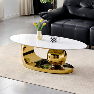 English Elm 51.20 Oval Faux Marble Top Coffee Table with Polished Stainless Steel Base for Living Room Gold+White W3357S00004