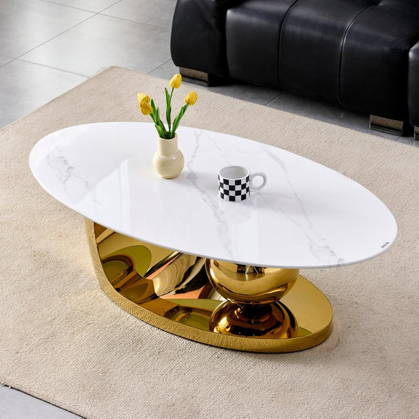 English Elm 51.20 Oval Faux Marble Top Coffee Table with Polished Stainless Steel Base for Living Room Gold+White W3357S00004