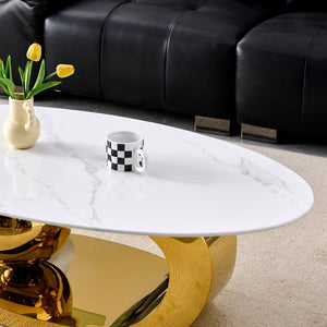 English Elm 51.20 Oval Faux Marble Top Coffee Table with Polished Stainless Steel Base for Living Room Gold+White W3357S00004