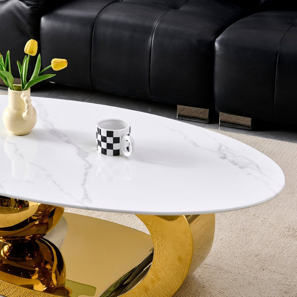 English Elm 51.20 Oval Faux Marble Top Coffee Table with Polished Stainless Steel Base for Living Room Gold+White W3357S00004