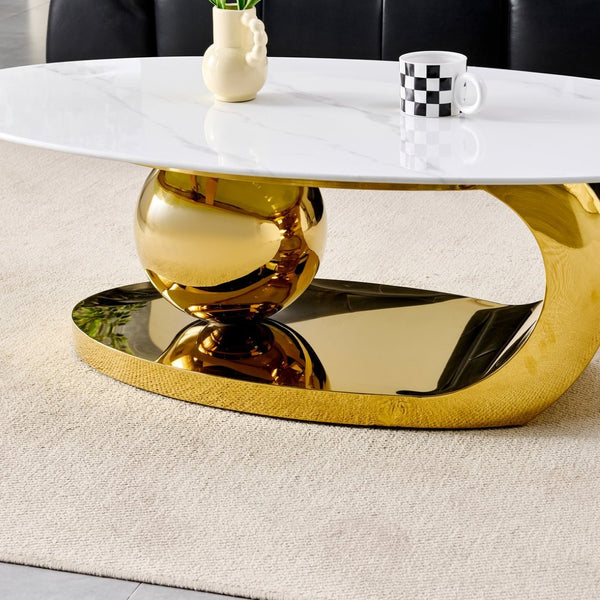 English Elm 51.20 Oval Faux Marble Top Coffee Table with Polished Stainless Steel Base for Living Room Gold+White W3357S00004