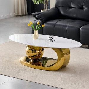 English Elm 51.20 Oval Faux Marble Top Coffee Table with Polished Stainless Steel Base for Living Room Gold+White W3357S00004