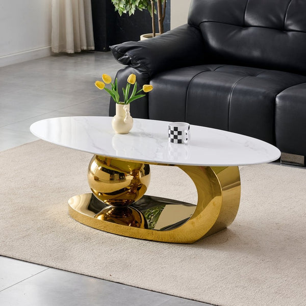 English Elm 51.20 Oval Faux Marble Top Coffee Table with Polished Stainless Steel Base for Living Room Gold+White W3357S00004